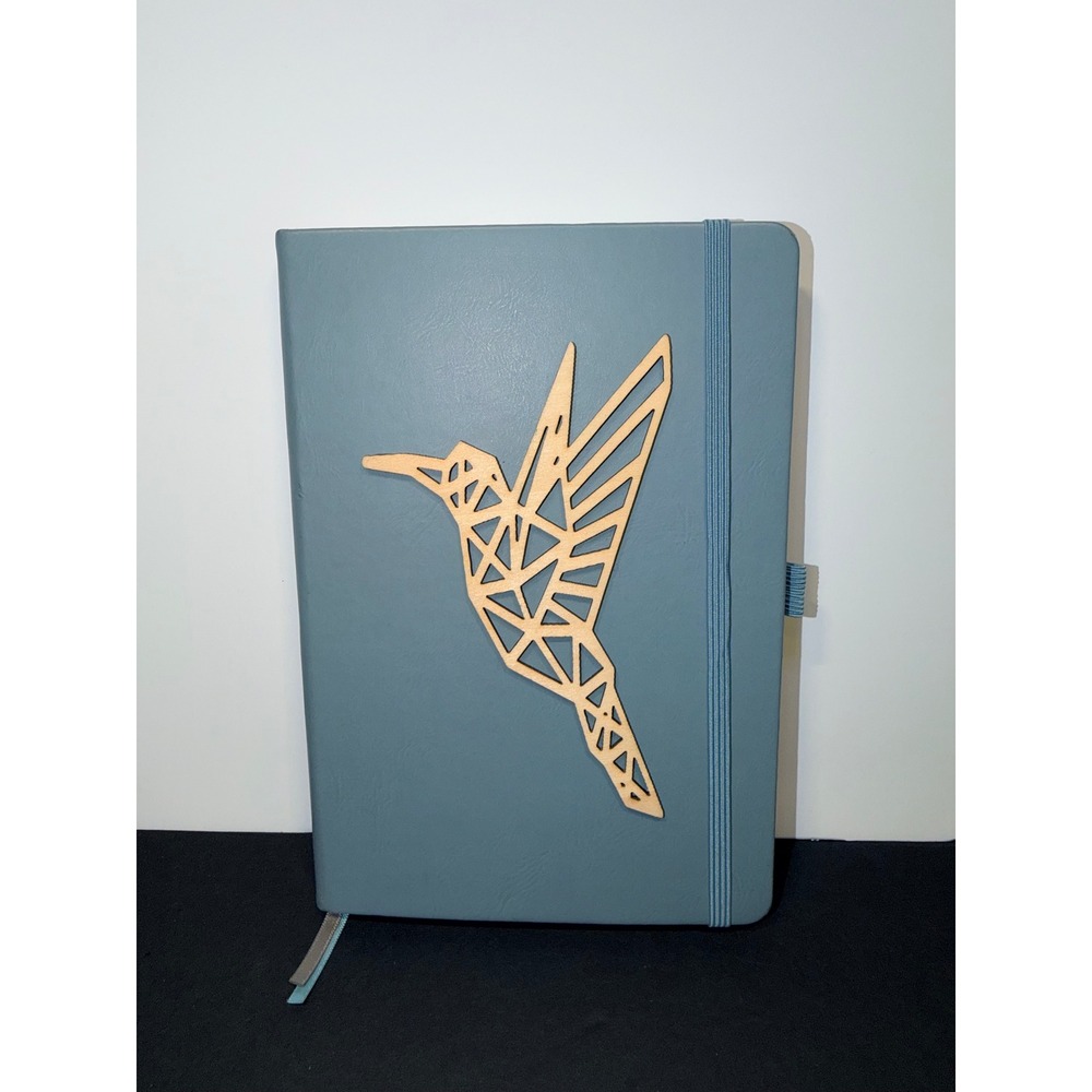 Geometric Hummingbird Wood Cutout Lined Journal Dusty Blue Faux Leather Notebook